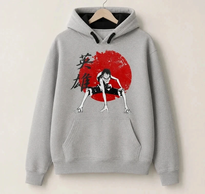 Sweat à capuche (hoodie) de couleur gris clair, Luffy de One Piece